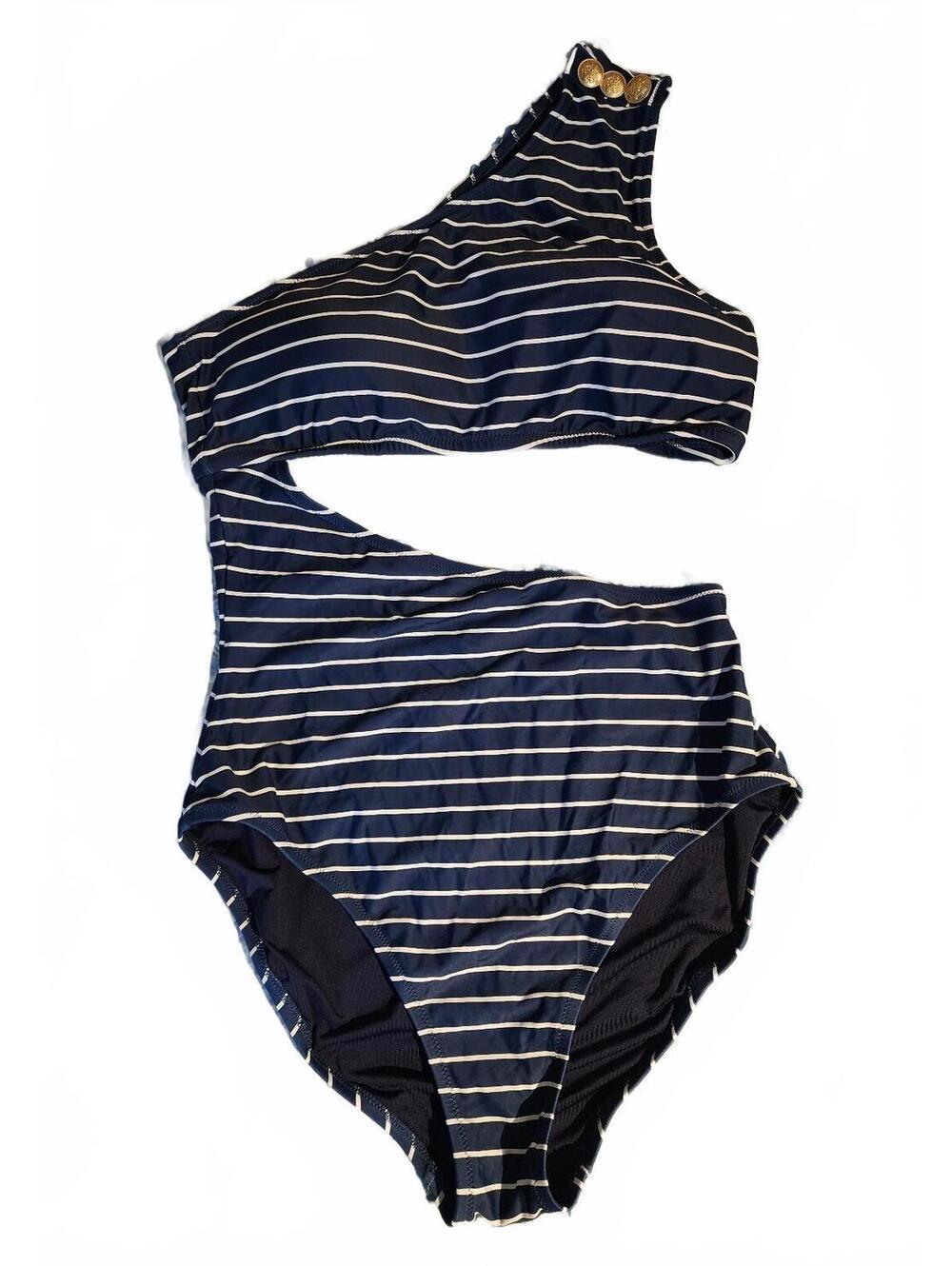 J. Crew Navy with white stripes open shoulder asymmetrical 1 pc